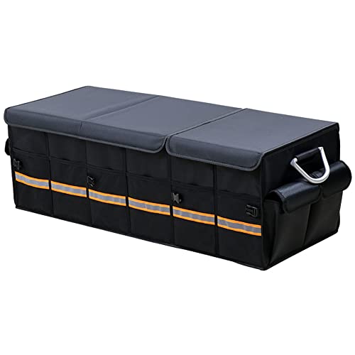 Car Trunk Organizer - Collapsible Trunk Organizer & Lid Foldable Cover Aluminium Alloy Handle Reflective Strip for Auto, SUV, Truck, Minivan