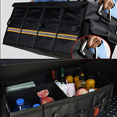 Car Trunk Organizer - Collapsible Trunk Organizer & Lid Foldable Cover Aluminium Alloy Handle Reflective Strip for Auto, SUV, Truck, Minivan