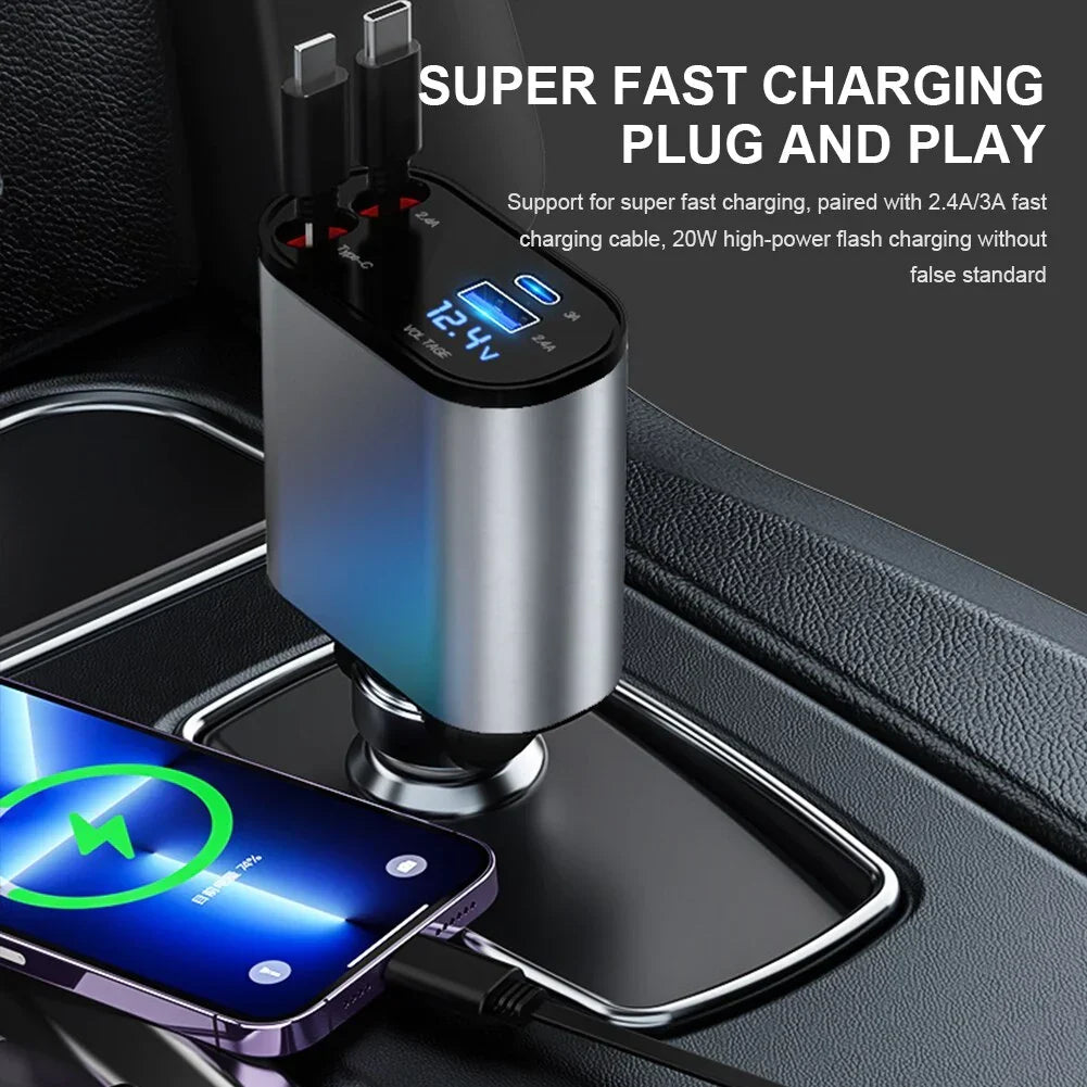 Retractable Car Fast Charger Supports Type-C And Iphone Interface