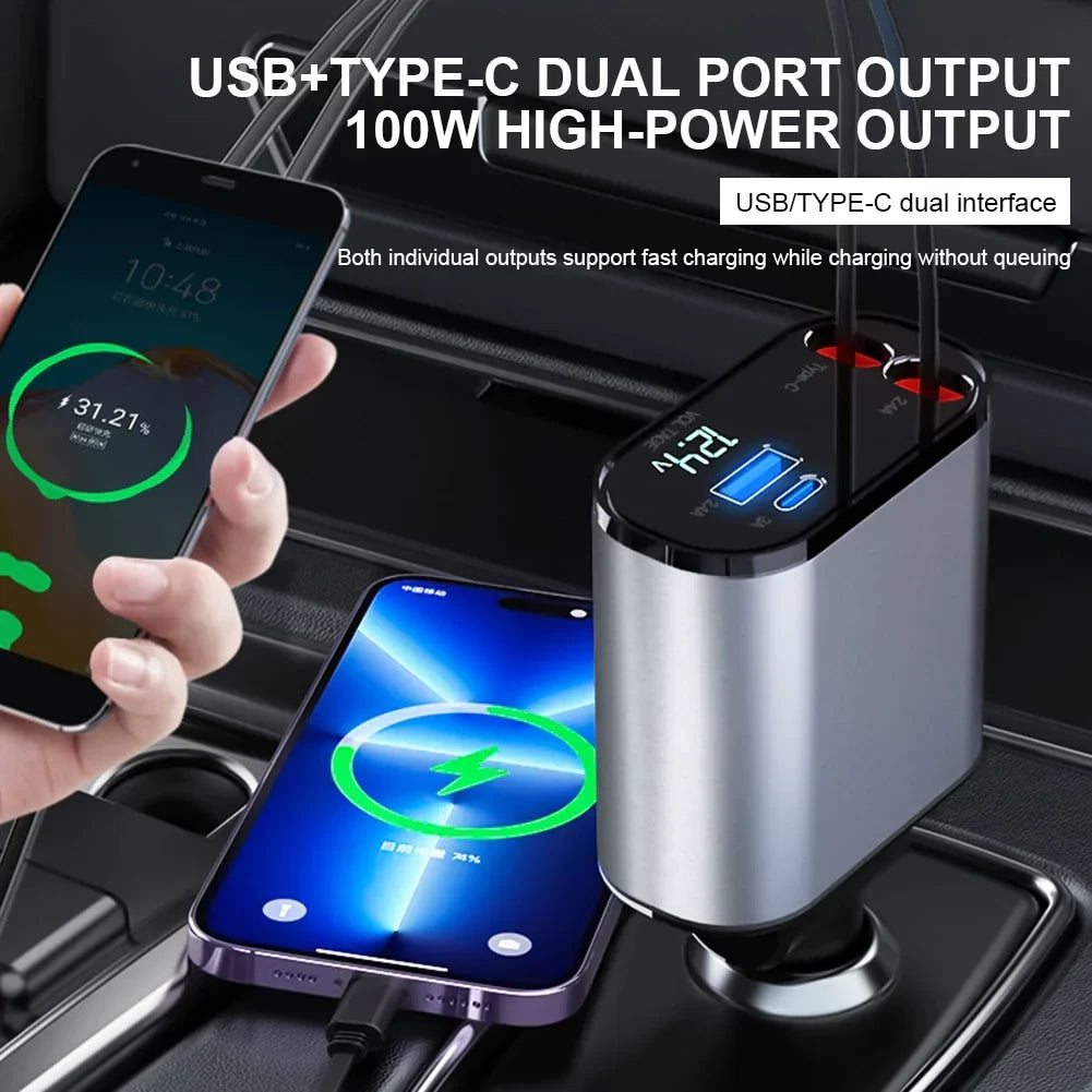 Retractable Car Fast Charger Supports Type-C And Iphone Interface