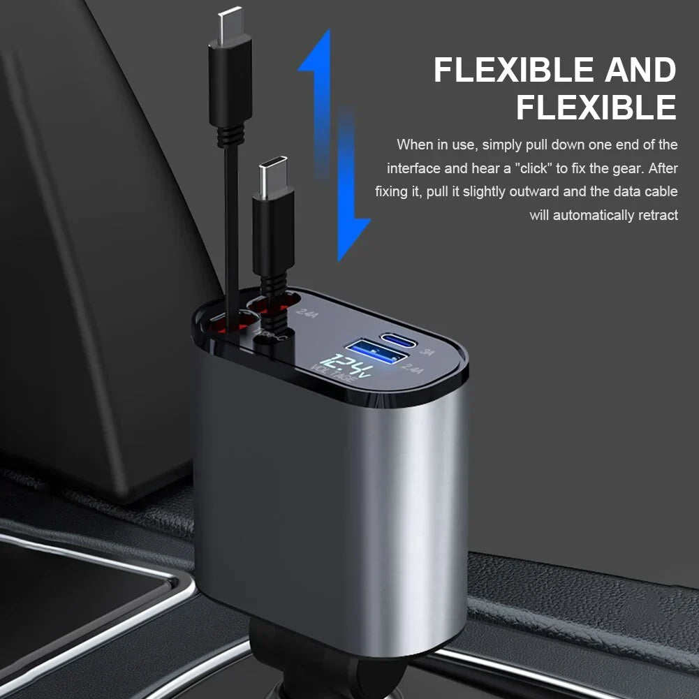 Retractable Car Fast Charger Supports Type-C And Iphone Interface