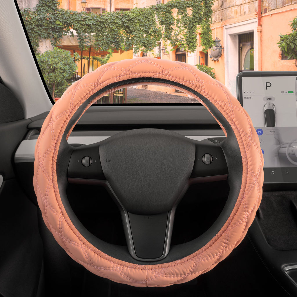 Stitched Leather Steering Wheel Cover, Standard 15 Inch Size